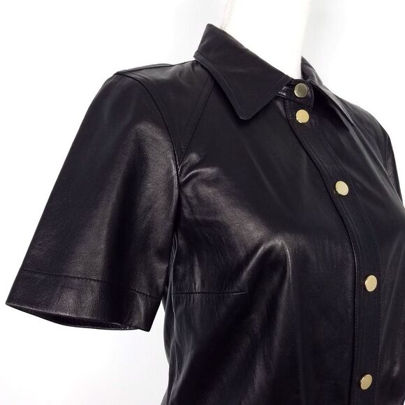 Per Se By Carlisle 100% Genuine Black Soft Leather Shirt Dress Size 4 - Picture 4 of 7